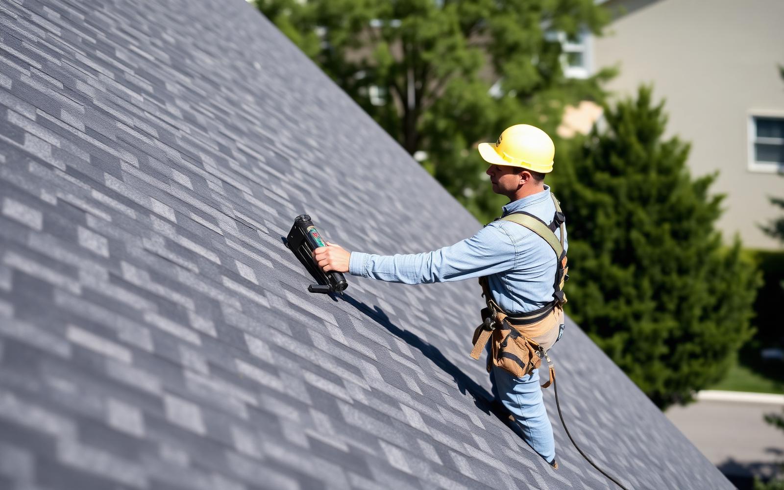 Roofer nailing new architectural shingles on a residential roof