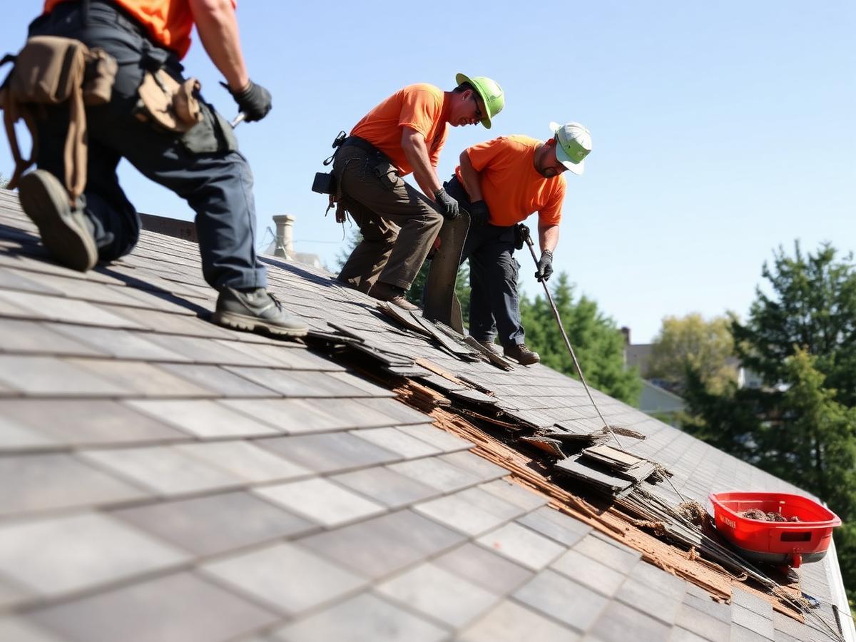 Roofing crew tearing off old shingles down to the deck